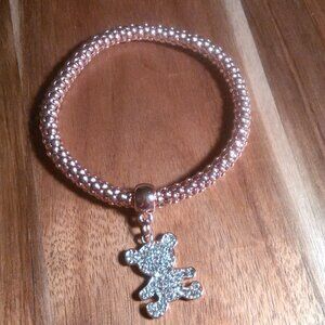 White Austrian Crystal Teddy Bear Charm Rosetone Stretch Bracelet